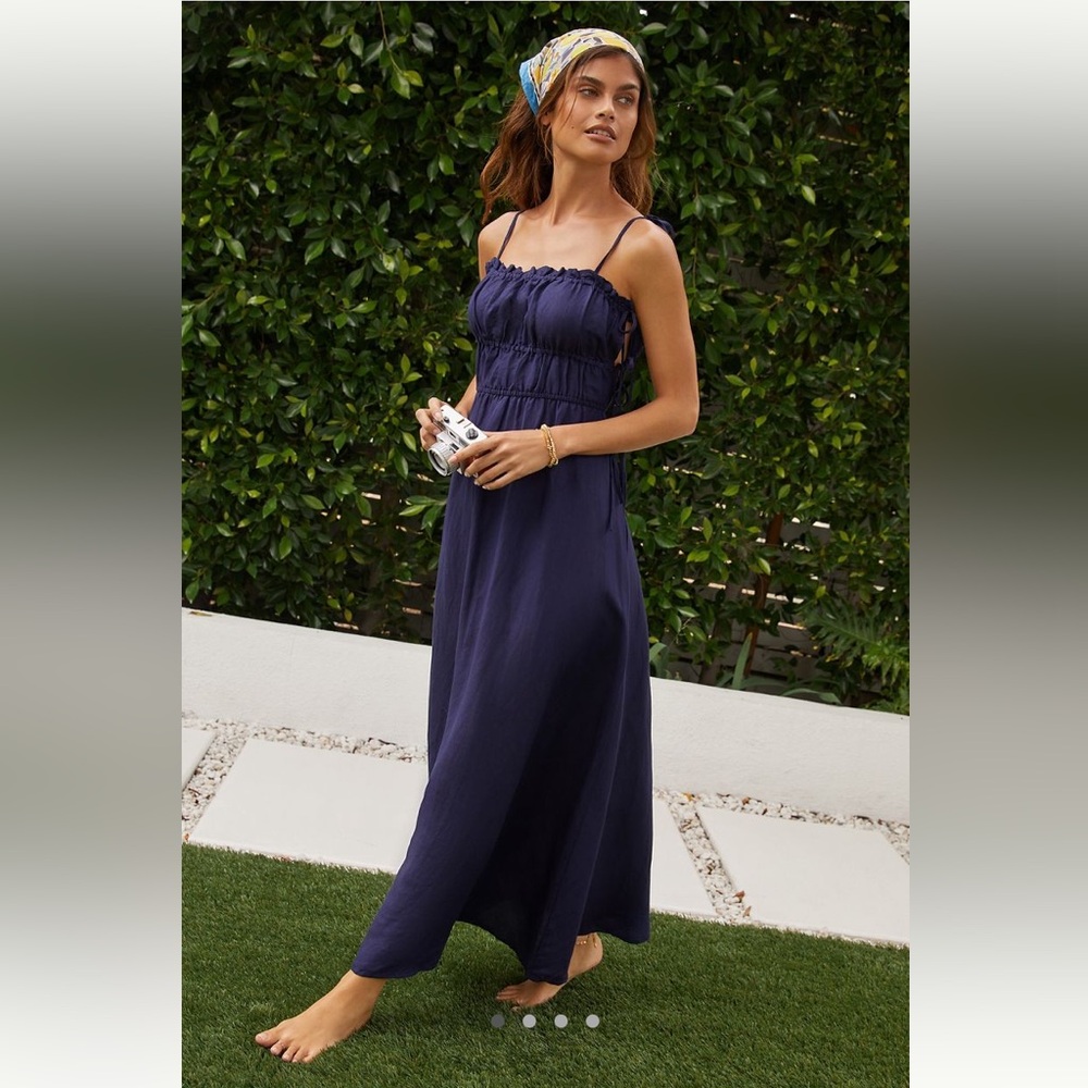 By Anthropologie Smocked Square Neck Dress in Navy